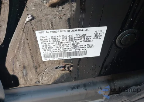 2018 Honda Pilot Ex-L z USA, uszkodzony, nr VIN 5FNYF5H54JB001668